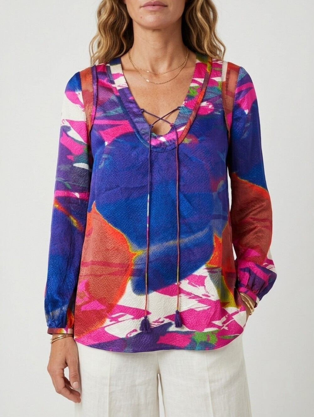 Tory Burch Hammered Silk Abstract Watercolor Lace-Up Tassel Tunic Blouse 4